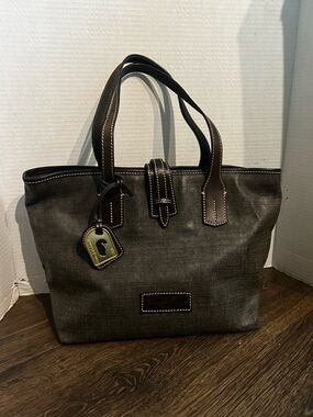 Dooney & Bourke Medium Shoulder Bag Purse Gray Brown with charm red interior EUC